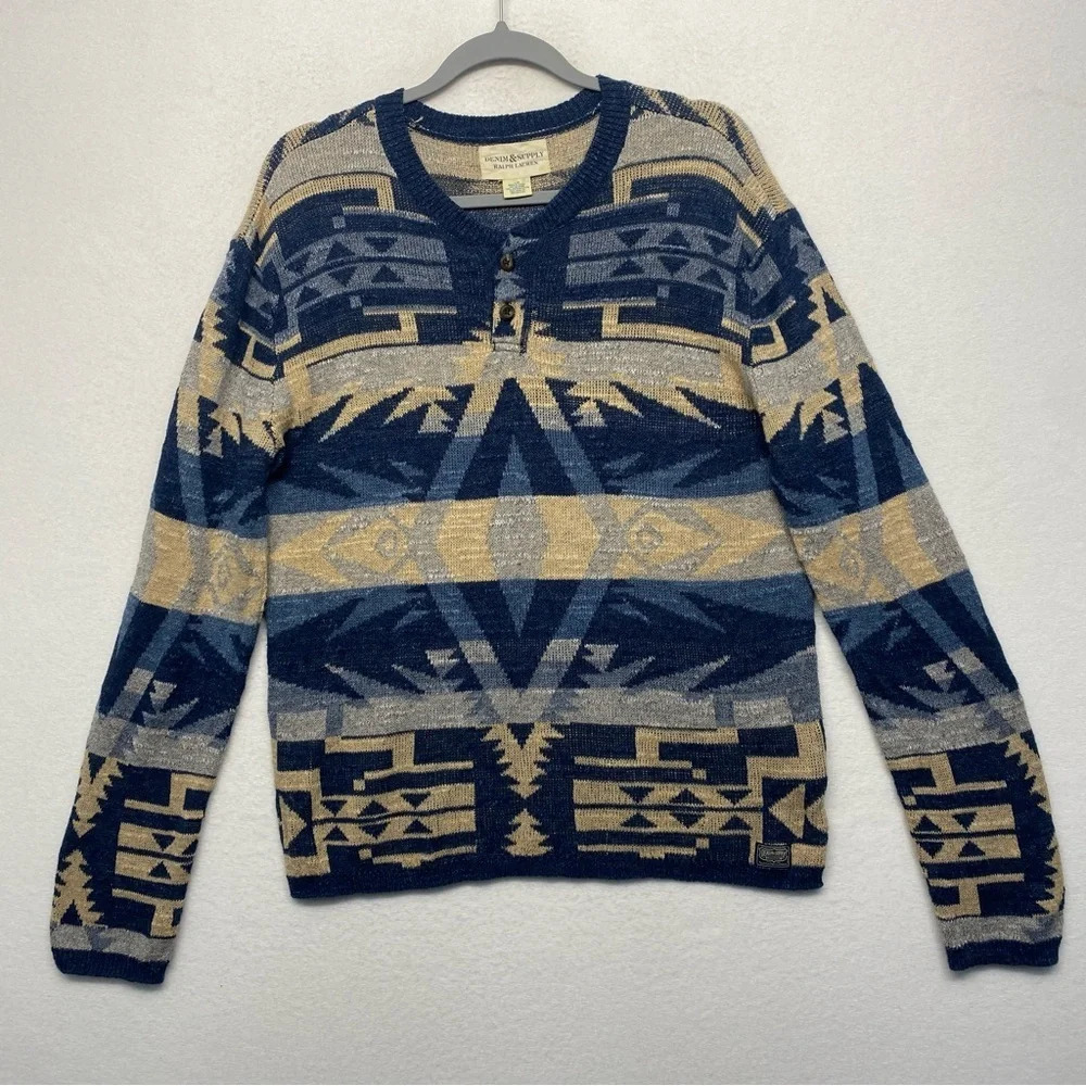 Denim &‎ Supply Ralph Lauren Western Aztec Knit Henley Shirt L Blue